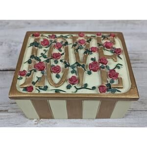 VTG 90s DEZINE Trinket Box Hand Painted "LOVE" Roses Gold Red Green Cream 4"x3"
